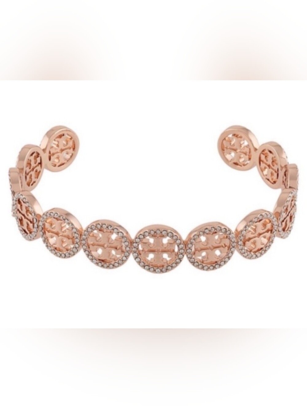 Tory Burch Miller Crystal Cuff Bracelet Rose Gold Tone Open Bangle